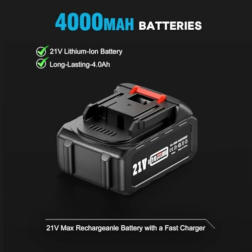 21V lithium-ion battery with fast charger.