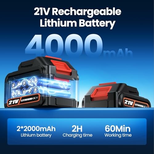 21V rechargeable lithium battery with 4000mAh capacity, 2-hour charging time, and 60-minute working time.
