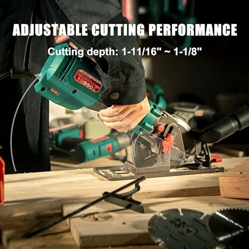 Person using a power saw on wood with adjustable cutting performance.