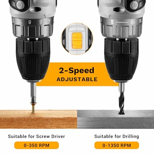 Two-speed adjustable drill showing settings for screw driving and drilling.