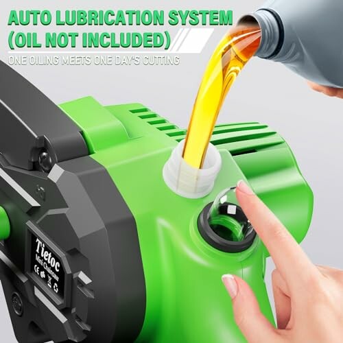 Auto lubrication system with oil being poured into a green machine.
