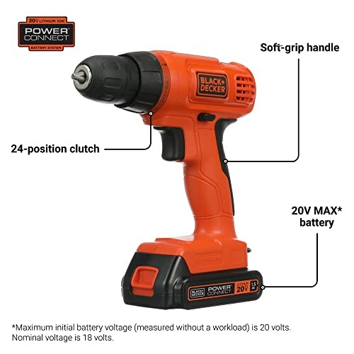 Black & Decker cordless drill with labeled features.