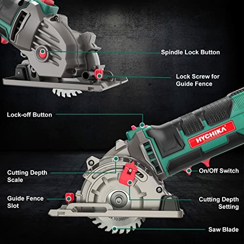 Compact circular saw with labeled parts including spindle lock button, lock screw, lock-off button, cutting depth scale, guide fence, on/off switch, cutting depth setting, and saw blade.