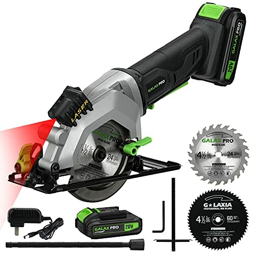 Compact circular saw with laser guide, two blades, battery, and accessories.