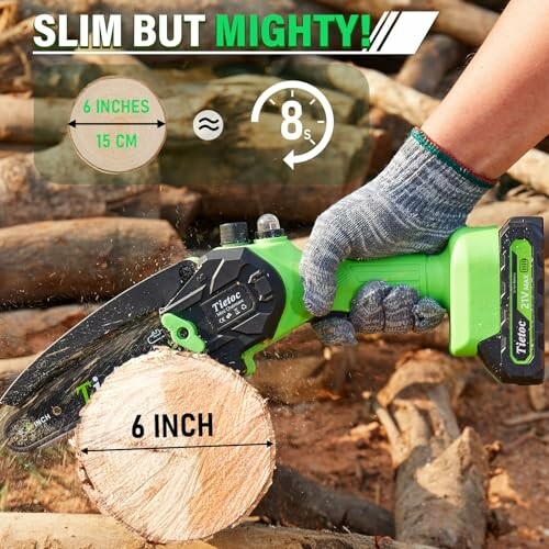Person using a green compact electric chainsaw to cut wood, highlighting 6-inch blade.