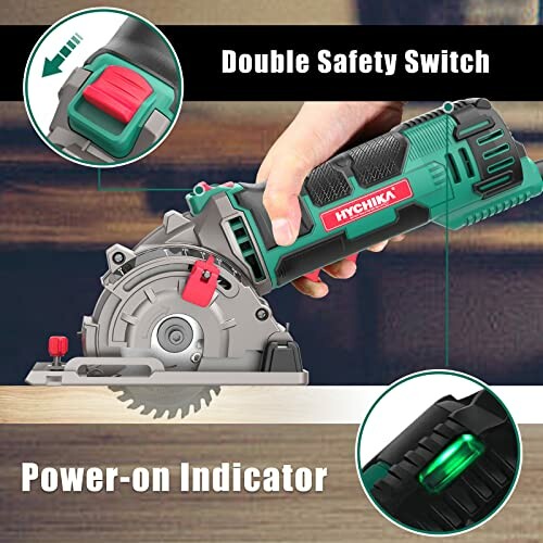 Cordless circular saw with double safety switch and power-on indicator.