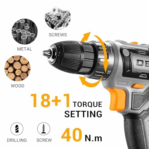 Cordless drill with 18+1 torque setting, suitable for metal, wood, and screws.