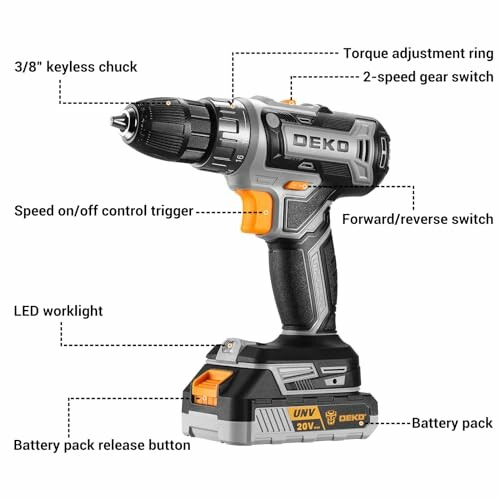 Cordless drill with labeled parts including torque adjustment ring, 2-speed gear switch, forward/reverse switch, LED worklight, and battery pack.