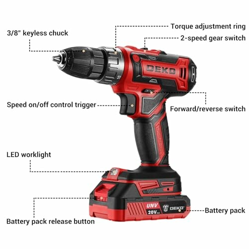 Labeled diagram of a cordless drill with features.
