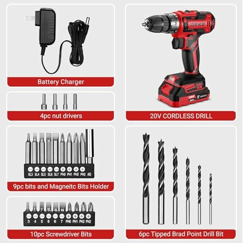 Cordless drill kit with charger, nut drivers, magnetic bits, screwdriver bits, brad point drill bits.