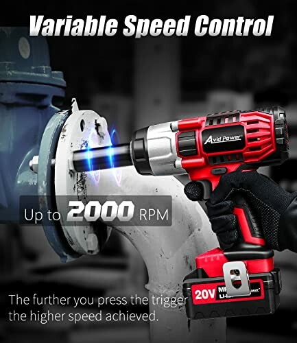 Cordless drill with variable speed control up to 2000 RPM.