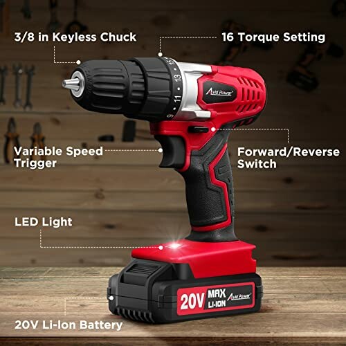 Cordless drill with labeled features including keyless chuck, torque setting, speed trigger, forward/reverse switch, LED light, and 20V Li-Ion battery.