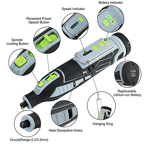 Cordless electric screwdriver with labeled features including speed and battery indicators, spindle locking button, replaceable battery, chuck, and hanging ring.