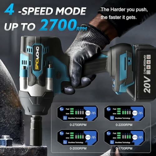 Cordless impact wrench with 4-speed settings and 2700 RPM.