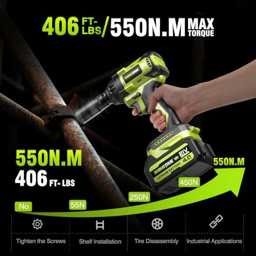 Cordless impact wrench with 406 ft-lbs torque.