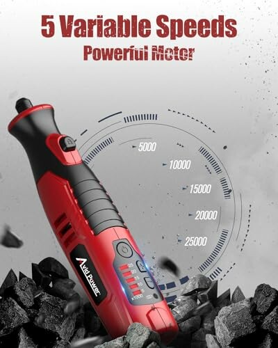 Cordless rotary tool with 5 variable speeds displayed on a digital gauge.
