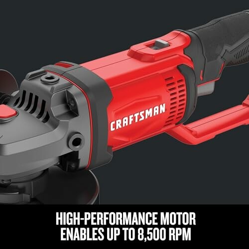 Red Craftsman angle grinder with high-performance motor enabling up to 8,500 RPM.