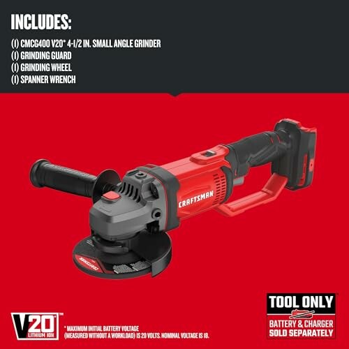 Craftsman V20 angle grinder with accessories listed.