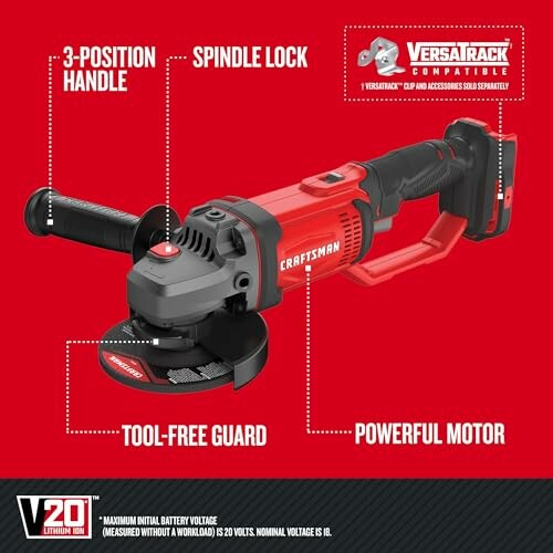 Craftsman angle grinder with 3-position handle, spindle lock, tool-free guard, and powerful motor.