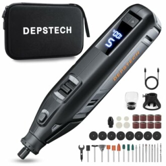 DEPSTECH cordless rotary tool kit with accessories and carrying case.