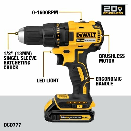 DeWalt 20V brushless drill with features labeled.
