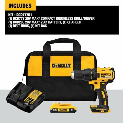 DeWalt drill kit with drill, battery, charger, and bag.