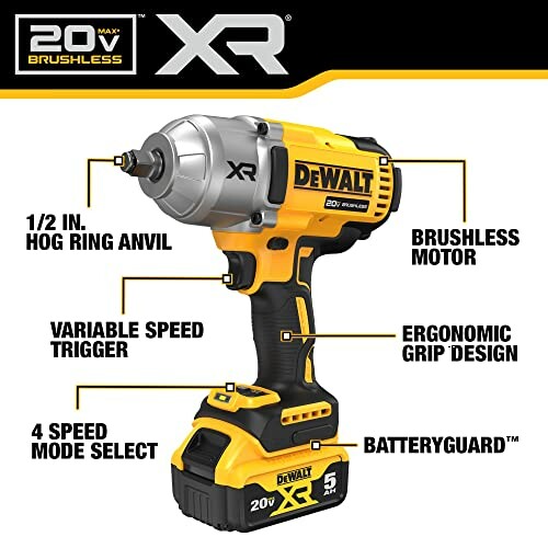 DeWalt 20V Max XR brushless impact wrench with labeled features.