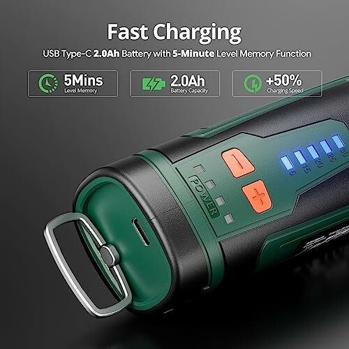 Flashlight with fast charging and battery indicators.