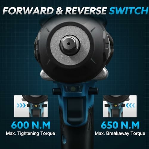 Impact wrench with forward and reverse switch, showing 600 N.M max tightening torque and 650 N.M max breakaway torque.