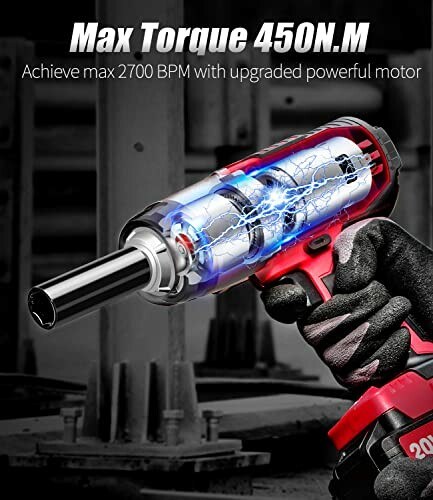 Powerful impact wrench with max torque, showcasing motor design.