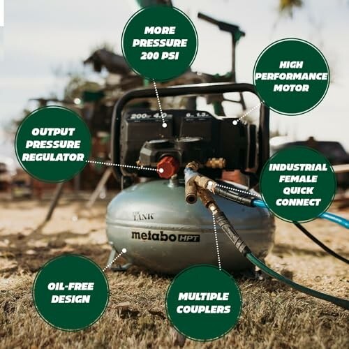 Metabo HPT air compressor with features highlighted.