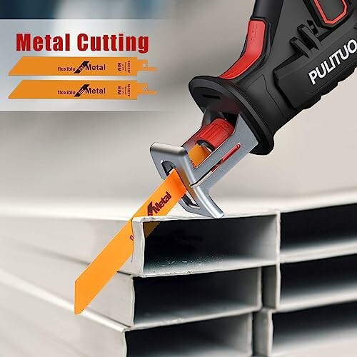 Reciprocating saw cutting metal with flexible metal blade.