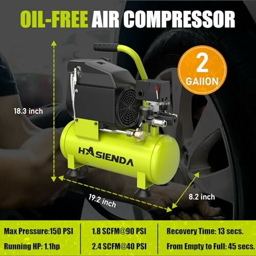 Oil-free air compressor with specifications and dimensions