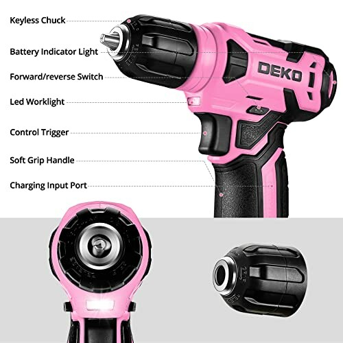 Pink cordless drill with labeled features including keyless chuck, battery indicator light, forward/reverse switch, LED worklight, control trigger, soft grip handle, and charging input port.