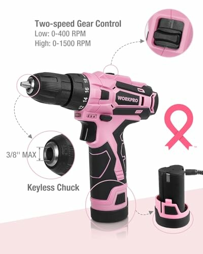 Pink cordless drill with keyless chuck and two-speed gear control.