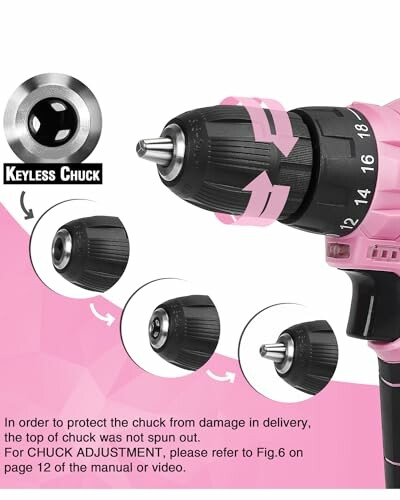 Pink drill with keyless chuck and adjustment instructions.