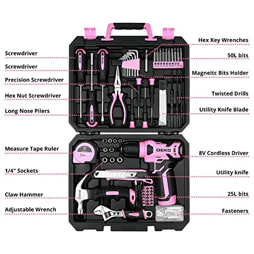 Pink tool set in a black case including screwdriver, pliers, tape measure, and cordless drill.