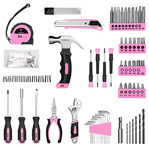 Pink-themed tool set with various hand tools and bits.