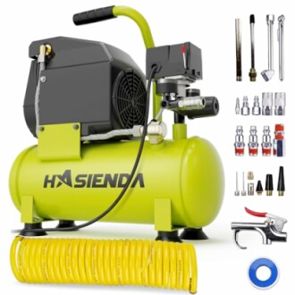 Portable air compressor with accessories and hose