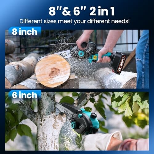 Two portable chainsaws cutting wood, showcasing 8-inch and 6-inch sizes.