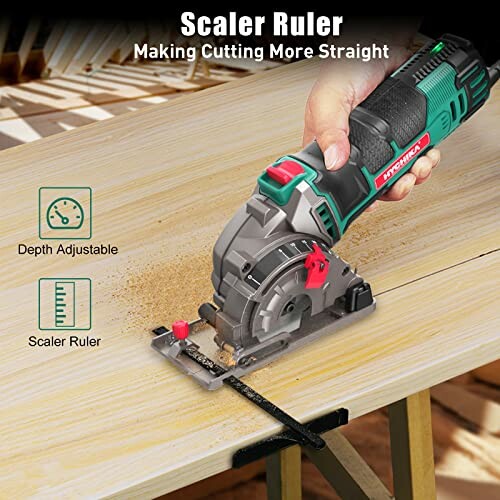 Hand using a portable circular saw with a scaler ruler on a wooden surface.