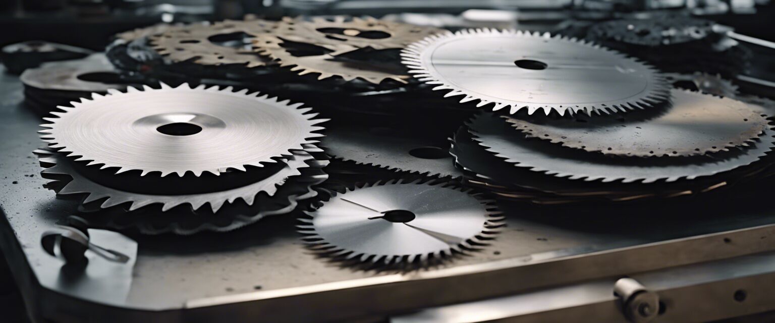 Various saw blades on a work surface.