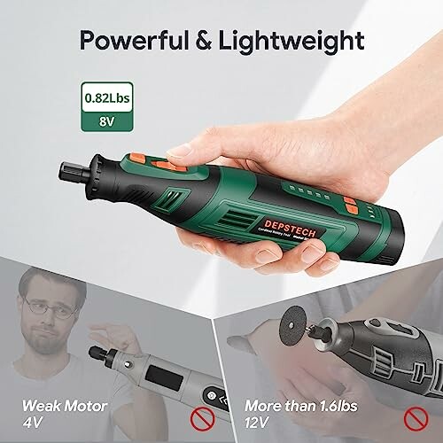 Hand holding a powerful and lightweight rotary tool with specifications.