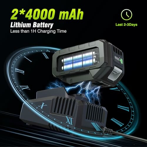 Lithium battery with 2x4000 mAh capacity, less than 1 hour charging time, lasts 2-3 days.
