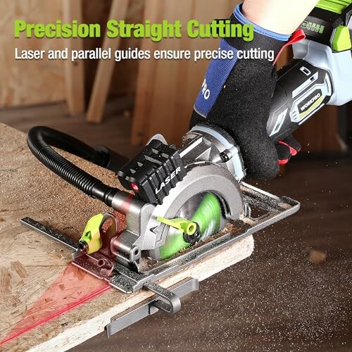Person using a circular saw with laser guide for precise cutting.