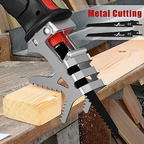 Reciprocating saw cutting wood with metal cutting blades displayed.