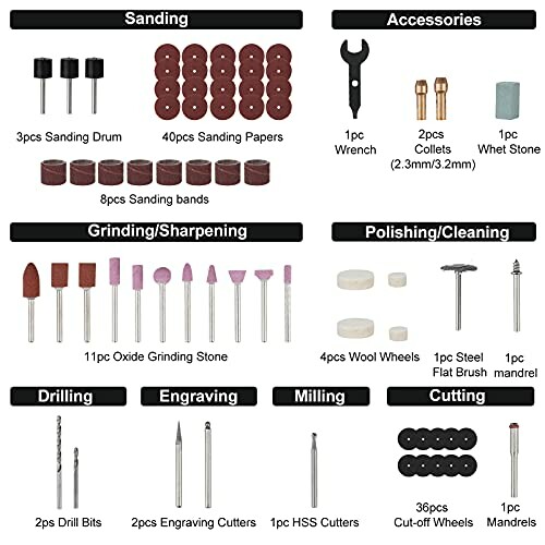 Assorted rotary tool accessories including sanding drums, grinding bits, and cutting wheels.