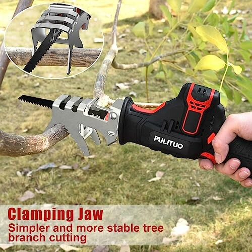 Handheld saw with clamping jaw cutting a tree branch.